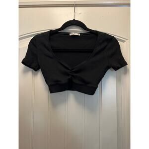 Zara Women’s V Neckline Short Sleeve Casual Summer Cropped Tank Top Size S Black